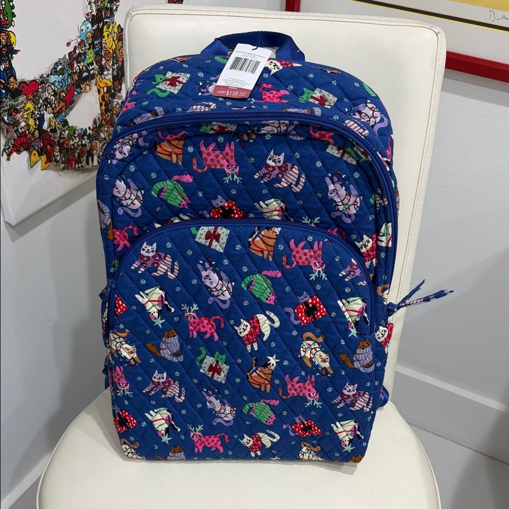 Vera Bradley Blue/Pink/Multi Colors "Catnip" Christmas Essential Large Backpack - Picture 1 of 3